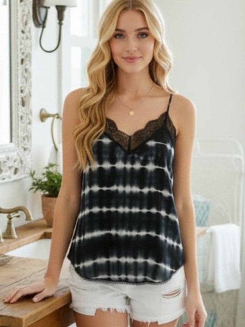 Tie Dye Lace Trim Cami – Adjustable Straps – Lightweight Layering Tank
